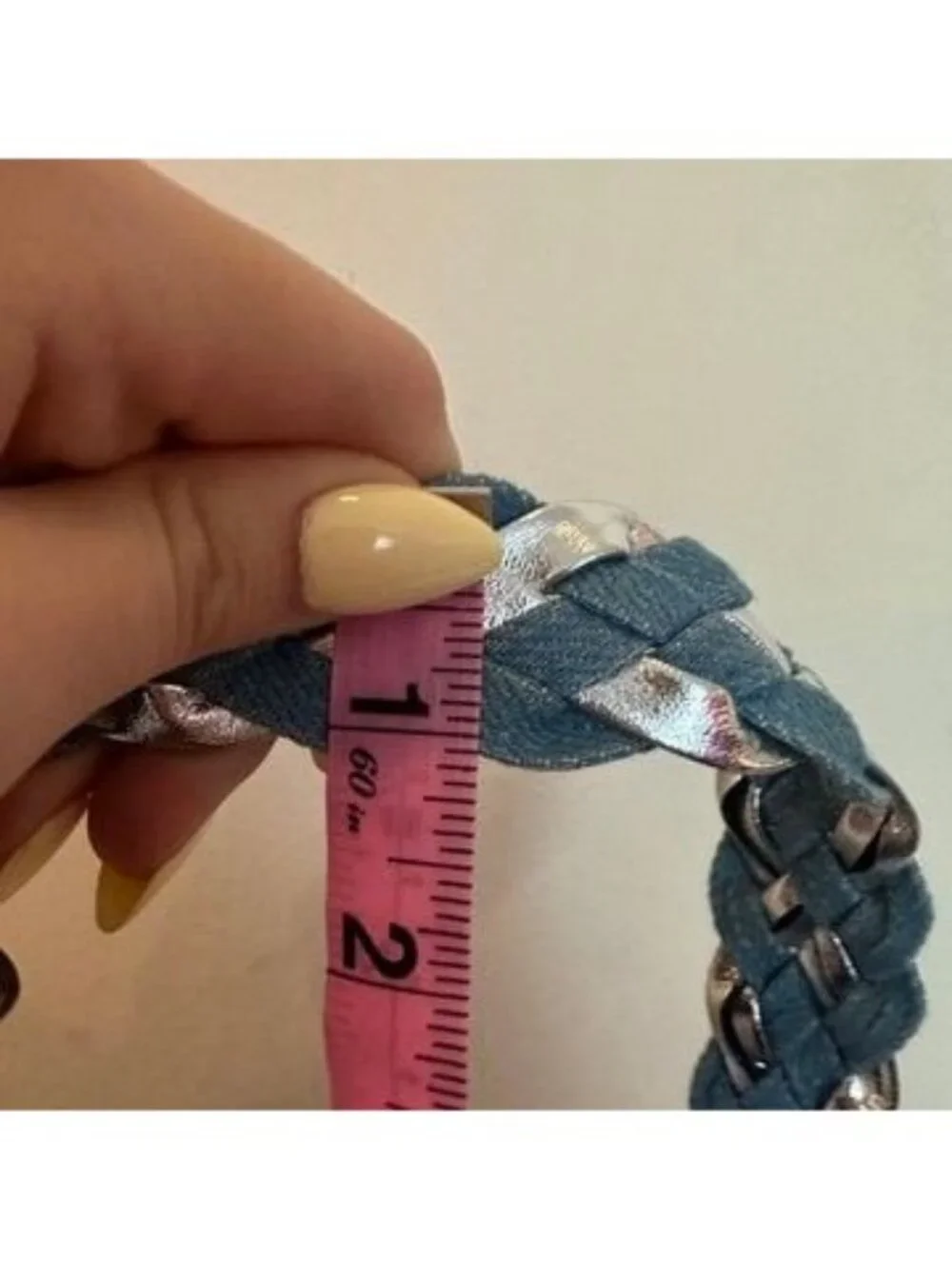 Braided Denim & Silver Metallic Belt With Metal Buckle - 36